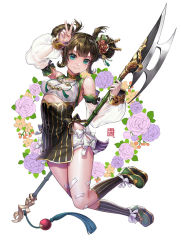 Rule 34 | 1girl, axe, bandaid, bandaid on leg, black socks, blue eyes, box (hotpppink), breasts, brown hair, china dress, chinese clothes, detached sleeves, double bun, dress, flower wreath, full body, hair bun, hair ornament, hair stick, holding, holding axe, holding polearm, holding weapon, kneehighs, original, polearm, puffy sleeves, short hair, simple background, small breasts, socks, tassel, thighs, v, weapon, white background