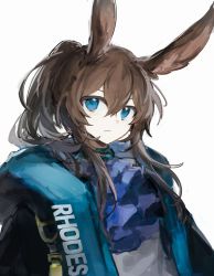 Rule 34 | 1girl, amiya (arknights), animal ears, arknights, ascot, black jacket, blue ascot, blue collar, blue eyes, clothes writing, collar, hair between eyes, highres, iwis, jacket, jewelry, long hair, neck ring, open clothes, open jacket, ponytail, rabbit ears, rabbit girl, shirt, sidelocks, simple background, solo, upper body, white background, white shirt