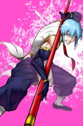 Rule 34 | 1boy, blue eyes, blue gloves, blue hair, blue pants, chinese clothes, elbow gloves, fighting stance, gloves, grin, highres, holding, looking at viewer, male focus, nagashii kouhei, pants, pelvic curtain, pink background, shen (undead unluck), smile, solo, undead unluck