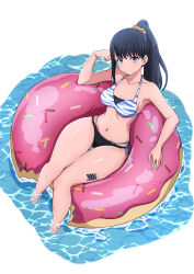 Rule 34 | 1girl, absurdres, bare arms, bare legs, bare shoulders, bikini, black hair, blue eyes, blush, breasts, cleavage, collarbone, commentary request, curvy, doughnut innertube, expressionless, from above, full body, gridman universe, hair behind ear, hair ornament, hair scrunchie, hand up, highres, innertube, long hair, looking at viewer, medium breasts, nishizuki shino, orange scrunchie, ponytail, pool, scrunchie, side-tie bikini bottom, simple background, soaking feet, solo, ssss.gridman, striped bikini, striped clothes, swim ring, swimsuit, takarada rikka, thick thighs, thigh gap, thighs, water, wet, white background