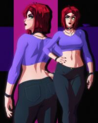 Rule 34 | 1girl, absurdres, animification, ass, back, black wristband, breasts, choker, crop top, denim, from behind, goth fashion, green eyes, highres, jeans, jewelry, levidu99, looking at viewer, looking back, makeup, marvel, mary jane watson, medium breasts, midriff, navel, navel piercing, pants, pendant, piercing, red hair, short hair, signature, spider-man (series), stomach, wristband