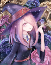 Rule 34 | 1girl, hair over one eye, hand up, hat, little witch academia, long hair, mushroom, pale skin, pink hair, red eyes, rinmmo, solo, standing, sucy manbavaran, vial, wide sleeves, witch, witch hat