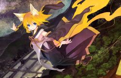 Rule 34 | 1girl, album cover, amatsu kitsune (vocaloid), animal ears, blonde hair, blue eyes, cover, detached sleeves, dress, flying, flying sweatdrops, forest, fox ears, fox tail, kagamine rin, kitsune (kazenouta), long sleeves, md5 mismatch, multiple tails, nature, night, original, outstretched arms, purple dress, resolution mismatch, river, sash, sky, solo, source larger, star (sky), starry sky, table, tail, town, vocaloid, wide sleeves