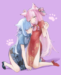 Rule 34 | 2girls, :d, absurdres, animal ear fluff, animal ears, bell, black footwear, blue dress, blue hair, blue ribbon, cat ears, china dress, chinese clothes, claw pose, dress, eyes visible through hair, fingernails, floral print, grey nails, hair ribbon, hands up, highres, jingle bell, kemonomimi mode, kneeling, kotonoha akane, kotonoha aoi, licking, light blue hair, long hair, microa, multiple girls, nail polish, open mouth, paw print, pink eyes, pink hair, pink ribbon, purple background, red dress, red footwear, red nails, ribbon, shadow, shoes, short sleeves, siblings, side slit, simple background, sisters, smile, tongue, tongue out, very long hair, voiceroid