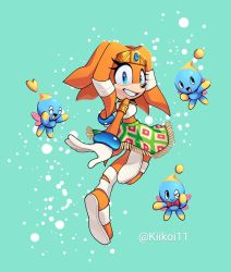 Rule 34 | 1girl, aqua background, blue eyes, chao (sonic), furry, furry female, gloves, gold headband, grin, highres, kiikoi11, looking at viewer, looking back, orange fur, sandals, simple background, skirt, smile, sonic (series), tikal the echidna, twitter username, white gloves