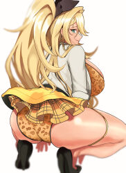 Rule 34 | 1girl, absurdres, animal print, ass, blonde hair, bra, checkered clothes, checkered skirt, closed mouth, clothes around waist, earrings, fang, from behind, full body, goddess of victory: nikke, green eyes, gyaru, high heels, highres, hoop earrings, jacket, jacket around waist, jewelry, leopard print, light blush, long hair, looking at viewer, looking back, momofoo, ponytail, rupee (nikke), simple background, skin fang, skirt, smile, solo, squatting, underwear, yellow jacket, yellow skirt