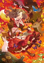 Rule 34 | 1girl, absurdres, acorn, animal, apple, apron, autumn, autumn leaves, bird, blush, boots, bow, brown hair, bug, butterfly, cat, commission, cross-laced footwear, deer, dress, food, fox, frilled dress, frilled shirt collar, frills, fruit, full body, hair bow, hair ornament, hairclip, highres, insect, juliet sleeves, lace-up boots, long hair, long sleeves, moss, mushroom, neck ribbon, nishida yuu, open mouth, orange eyes, original, parted bangs, pinafore dress, pinecone, pixiv commission, plaid, plaid dress, puffy sleeves, rabbit, ribbon, skirt basket, skirt hold, sleeveless dress, solo, squirrel, tree, two side up, waist apron