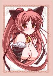 Rule 34 | 00s, 1girl, animal ears, bell, blush, breasts, brown eyes, cat ears, gussan, jingle bell, kemonomimi mode, kousaka tamaki, large breasts, long hair, nipples, red hair, solo, to heart (series), to heart 2, upper body