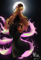 Rule 34 | 1girl, backlighting, black dress, blonde hair, blue nails, breasts, character name, chinese clothes, closed eyes, contrapposto, dress, earrings, energy, eyelashes, floating, fox tail, full body, full moon, hat, heib, highres, jewelry, junko (touhou), light particles, lips, long hair, moon, moonlight, multiple tails, nail polish, night, night sky, nose, parted lips, pointy ears, red nails, ribbon, sash, single tear, sky, solo, standing, tabard, tail, tearing up, touhou, very long hair, wide sleeves
