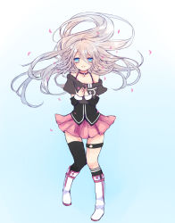 Rule 34 | 1girl, :d, ahoge, asymmetrical legwear, black choker, blue background, blue eyes, boots, choker, crop top, floating hair, full body, gradient background, grey shirt, hair between eyes, happy, highres, ia (vocaloid), knee boots, kneehighs, knees together feet apart, layered sleeves, long hair, long sleeves, looking at viewer, open mouth, own hands together, petals, pink skirt, pleated skirt, shirt, short over long sleeves, short sleeves, silver hair, single kneehigh, single sock, single thighhigh, sio pure, skirt, smile, socks, solo, spaghetti strap, standing, string choker, thigh strap, thighhighs, uneven legwear, very long hair, vocaloid, white socks