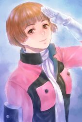 Rule 34 | 1girl, arm up, black jacket, blunt bangs, bob cut, brown eyes, brown hair, closed mouth, commentary, gloves, gundam, highres, jacket, looking at viewer, multicolored clothes, multicolored jacket, pink jacket, salute, scarf, short hair, smile, sochie heim, solo, takeda yuuko, turn a gundam, two-tone jacket, upper body, white gloves, white scarf