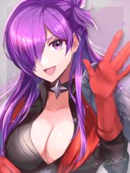 Rule 34 | 1girl, armor, asymmetrical clothes, breasts, cape, choker, cleavage, fire emblem, fire emblem: three houses, fire emblem warriors: three hopes, gloves, hair bun, hair over one eye, highres, large breasts, long hair, looking at viewer, nintendo, open mouth, purple eyes, purple hair, shez (female) (fire emblem), shez (fire emblem), simple background, single hair bun, smile, solo, youhei choregi