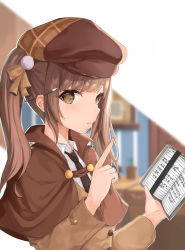 Rule 34 | 1girl, absurdres, black neckwear, blurry, blurry background, blush, book, brown capelet, brown eyes, brown hair, brown headwear, brown ribbon, capelet, depth of field, detective, english text, from side, hair ribbon, highres, holding, holding book, indoors, lisu, long sleeves, looking at viewer, looking to the side, necktie, open book, original, outside border, parted lips, plaid, pom pom (clothes), ribbon, smile, twintails