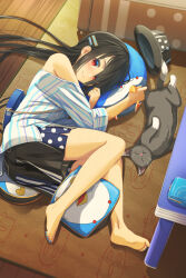 Rule 34 | 1girl, aiuabo, barefoot, black hair, blue nails, cat, feet, highres, indoors, knees together feet apart, legs, lying, nail polish, off shoulder, on side, original, red eyes, shorts, soles, solo, tinted eyewear, toe scrunch, toenail polish, toenails, toes