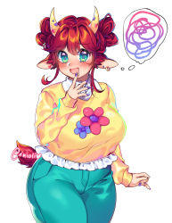 Rule 34 | 1girl, animal ears, aqua pants, artist name, blush, breasts, collared shirt, commentary, cow ears, cow horns, cowboy shot, drooling, earrings, english commentary, frilled shirt, frills, green eyes, highres, horns, inioli, jewelry, large breasts, long sleeves, looking at viewer, nail polish, open mouth, original, pants, purple nails, red hair, saliva, shirt, simple background, smile, solo, squiggle, standing, sticker, sweater, tail, thought bubble, virtual youtuber, white background, yellow sweater