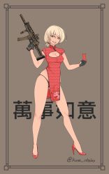 Rule 34 | 1girl, :d, artist name, assault rifle, bare legs, black gloves, black panties, blonde hair, breasts, china dress, chinese clothes, cleavage, cleavage cutout, clothing cutout, contrapposto, dress, full body, gloves, gun, half gloves, high heels, highres, kuso otoko, looking at viewer, medium breasts, open mouth, original, panties, pelvic curtain, pp-19-01 vityaz, red dress, rifle, short dress, short ponytail, side slit, simple background, smile, solo, standing, submachine gun, tan, trigger discipline, underwear, weapon