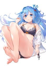 Rule 34 | 1girl, ass, bare shoulders, barefoot, black bra, blue eyes, blue hair, bra, breasts, cleavage, closed mouth, collarbone, commentary request, emori miku, feet, floating hair, frown, hair intakes, hair ornament, hairclip, highres, knees up, large breasts, liver city, long hair, looking at viewer, off shoulder, omelet tomato, one side up, open clothes, open shirt, panties, shirt, side-tie panties, simple background, solo, tears, thighs, underwear, very long hair, white background, white shirt