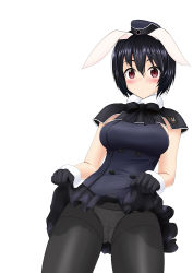 Rule 34 | 1girl, animal ears, black gloves, black hairband, black skirt, blush, brave witches, breasts, clothes lift, cowboy shot, gloves, hair between eyes, hairband, lifted by self, medium breasts, oryou gunsou, panties, panties under pantyhose, pantyhose, rabbit ears, rabbit girl, red eyes, shimohara sadako, short hair, skirt, skirt lift, solo, thighband pantyhose, thighs, underwear, white background, white panties, world witches series, wrist cuffs