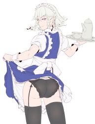 Rule 34 | 1girl, apron, ass, black panties, black thighhighs, blue dress, bow, braid, clothes lift, cup, dress, frilled apron, frilled skirt, frills, garter belt, hair bow, hi you (flying bear), highres, izayoi sakuya, lace, lace-trimmed panties, lace trim, lifted by self, looking at viewer, maid, maid apron, maid headdress, medium hair, panties, puffy short sleeves, puffy sleeves, purple eyes, short hair, short sleeves, silver hair, skirt, skirt hold, skirt lift, smile, solo, tea set, teacup, teapot, thighhighs, touhou, tray, twin braids, underwear