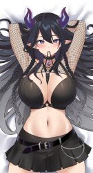 Rule 34 | 1girl, absurdres, arms up, belt, black belt, black hair, black skirt, braid, breasts, chain, character request, commentary, copyright request, cowboy shot, fishnets, highres, horns, large breasts, long hair, looking at viewer, lying, miniskirt, mouth hold, navel, o-ring, on back, pinepin, pleated skirt, pointy ears, purple eyes, shrug (clothing), skirt, solo, stomach, very long hair
