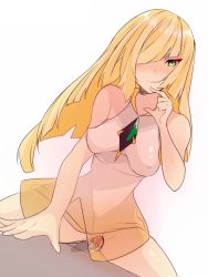 Rule 34 | 1girl, bare shoulders, blonde hair, blush, breasts, covered erect nipples, creatures (company), dress, female masturbation, game freak, green eyes, highres, long hair, looking at viewer, lusamine (pokemon), masturbation, mature female, medium breasts, nintendo, obybuss, poke ball, pokemon, pokemon sm, pussy juice, sleeveless, sleeveless dress, smile, solo, very long hair
