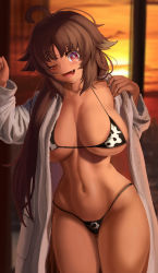 Rule 34 | 1girl, ;d, absurdres, animal ears, animal print, antenna hair, b-pang, bad id, bad pixiv id, bikini, blurry, blurry background, blush, breasts, brown hair, cleavage, coat, collarbone, commentary, cow print, cowboy shot, curtains, curvy, dark-skinned female, dark skin, dog ears, dog tail, fang, gluteal fold, groin, hair between eyes, highres, indoors, kaori (princess connect!), large breasts, long hair, long sleeves, looking at viewer, micro bikini, midriff, navel, one eye closed, open clothes, open coat, open mouth, princess connect!, red eyes, sidelocks, smile, solo, standing, sunrise, swimsuit, tail, textless version, underboob, white bikini, white coat, wide hips, window