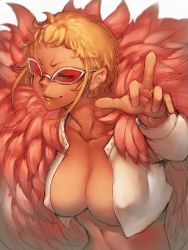 Rule 34 | 1girl, blonde hair, breasts, cleavage, donquixote doflamingo, covered erect nipples, female focus, fumio (rsqkr), genderswap, genderswap (mtf), large breasts, middle finger, navel, one piece, open clothes, open shirt, shirt, short hair, smile, solo, sunglasses