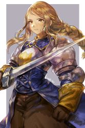 Rule 34 | 1girl, agrias oaks, armor, bad id, bad pixiv id, blonde hair, braid, breastplate, brown gloves, clenched hand, final fantasy, final fantasy tactics, gloves, highres, holding, holding sword, holding weapon, long hair, nightmare-kck, parted lips, pauldrons, shoulder armor, signature, solo, sword, two-tone background, weapon