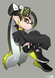 Rule 34 | 1girl, artist name, asymmetrical bangs, black footwear, black hair, black hoodie, black pants, bow-shaped hair, callie (splatoon), choker, closed mouth, commentary, cropped hoodie, cross-shaped pupils, earrings, expressionless, food, food-themed hair ornament, food on head, full body, gradient hair, green choker, green hair, grey background, hair ornament, highres, hood, hood down, hoodie, inkling, invisible chair, jewelry, knee up, long hair, long sleeves, looking at viewer, looking to the side, mole, mole under eye, multicolored hair, nintendo, object on head, pants, parted bangs, pointy ears, puchiman, shoes, short eyebrows, signature, simple background, sitting, sleeves past fingers, sleeves past wrists, sneakers, solo, splatoon (series), splatoon 3, sushi, swept bangs, symbol-only commentary, symbol-shaped pupils, tentacle hair, thick eyebrows, torn clothes, torn pants, very long hair, yellow eyes