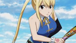 Rule 34 | 1girl, a-1 pictures, animated, animated gif, bare shoulders, blonde hair, blush, bouncing breasts, breasts, bridge (company), brown eyes, detached sleeves, earrings, fairy tail, hand on own hip, jenny realight, jewelry, large breasts, long hair, looking at viewer, lucy heartfilia, magazine (object), single detached sleeve, sky, solo