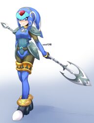 Rule 34 | 1girl, absurdres, android, armor, artist name, axasempai, black gloves, blue eyes, blush, bodysuit, boots, breasts, cosplay, full body, gloves, helmet, highres, holding, holding polearm, holding weapon, fairy leviathan (mega man), looking at viewer, medium breasts, mega man (series), mega man zero (series), nintendo, polearm, robot, robot girl, shoulder armor, smile, solo, spear, the legend of zelda, the legend of zelda: breath of the wild, thigh boots, thighhighs, weapon