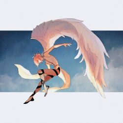 Rule 34 | 1girl, androgynous, angel wings, ballet slippers, border, buna-buna-p, cloud, commentary request, feathered wings, flying, from side, full body, hair between eyes, jack jeanne, jewelry, knee up, midair, open mouth, pink hair, profile, short hair, sky, sleeveless, solo, star (sky), starry sky, tachibana kisa, white border, wings, yellow eyes