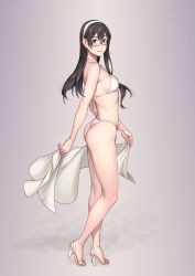 Rule 34 | 1girl, ass, bikini, black-framed eyewear, black hair, blue eyes, breasts, closed mouth, commentary request, full body, glasses, gradient background, grey background, hairband, high heels, highres, kantai collection, long hair, looking at viewer, ooyodo (kancolle), semi-rimless eyewear, small breasts, smile, solo, standing, swimsuit, under-rim eyewear, white bikini, white footwear, white hairband, yuuji (and)