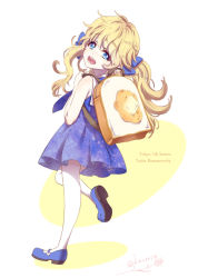 Rule 34 | 1girl, :d, backpack, bag, blonde hair, blue dress, blue eyes, blue footwear, character name, copyright name, dress, english text, floral print, from side, full body, head tilt, heart, highres, leg up, long hair, looking back, low twintails, mary janes, matatabi kikuno, open mouth, sailor dress, shoes, sleeveless, sleeveless dress, smile, solo, standing, standing on one leg, tasha romanovsky, thighhighs, tokyo 7th sisters, twintails, twitter username, white background
