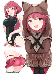 Rule 34 | 1girl, :d, absurdres, animal hood, ass, back, black one-piece swimsuit, breasts, commentary, competition swimsuit, covering privates, covering crotch, disguised pyra (xenoblade), hand on own chest, hands on own knees, highres, hood, large breasts, mameroku, multiple views, one-piece swimsuit, open mouth, pyra (pro swimmer) (xenoblade), pyra (xenoblade), red eyes, red hair, red shorts, short hair, short shorts, shorts, smile, swimsuit, teeth, upper teeth only, xenoblade chronicles (series), xenoblade chronicles 2