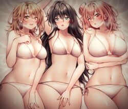 Rule 34 | 3girls, :d, alternate breast size, arm up, arms under breasts, bikini, black hair, blonde hair, blue eyes, blush, breasts, brown hair, cleavage, commentary request, hand up, highres, isshiki iroha, large breasts, long hair, looking at viewer, lying, medium breasts, medium hair, multiple girls, navel, on back, open mouth, parted lips, pink hair, red eyes, red hayao, short hair, sidelocks, small breasts, smile, swimsuit, white bikini, yahari ore no seishun lovecome wa machigatteiru., yellow eyes, yuigahama yui, yukinoshita yukino