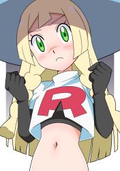 Rule 34 | 1girl, blonde hair, blush, braid, clenched hands, closed mouth, commentary request, cosplay, creatures (company), elbow gloves, eyelashes, frown, game freak, gloves, green eyes, hainchu, hands up, hat, highres, jacket, jessie (pokemon), jessie (pokemon) (cosplay), lillie (pokemon), logo, long hair, midriff, navel, nintendo, pokemon, pokemon (anime), pokemon sm (anime), solo, sun hat, sweatdrop, team rocket, team rocket uniform, twin braids, undershirt, white jacket