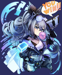 Rule 34 | 1girl, absurdres, black gloves, blue background, blue eyes, bow, blowing bubbles, chewing gum, cropped jacket, cropped legs, cube, english text, fingerless gloves, floating hair, from above, gloves, goggles, goggles on head, grey hair, hair between eyes, hair bow, hand on own hip, hand up, highres, holding, holding tablet pc, honkai: star rail, honkai (series), jacket, long hair, looking at viewer, looking up, messy hair, midriff, nail polish, navel, neon palette, open clothes, open jacket, partially unzipped, pink nails, ponytail, purple background, raised eyebrows, silver wolf (honkai: star rail), smug, solo, tablet pc, taiju (gr09kuma), very long hair