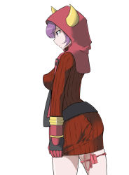 Rule 34 | 1girl, breasts, closed mouth, courtney (pokemon), cowboy shot, creatures (company), dress, dress tug, expressionless, fake horns, female focus, from behind, game freak, gloves, hood, hood up, horned hood, horns, long sleeves, matching hair/eyes, medium breasts, nintendo, pokemon, pokemon oras, profile, purple eyes, purple hair, pussy juice, red gloves, remote control vibrator, ribbed dress, sex toy, short dress, short hair, sidelocks, simple background, solo, standing, toubun (alice 8), vibrator, vibrator cord, vibrator under clothes, white background