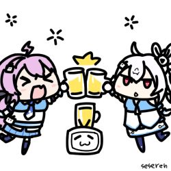 Rule 34 | &gt; &lt;, alcohol, animated, animated gif, beer, beer mug, bilibili, cup, long hair, lowres, mug, multiple girls, open mouth, seseren