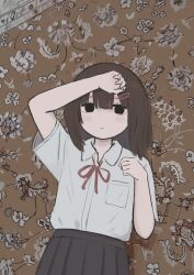 Rule 34 | 1girl, arm on own head, arm up, black eyes, black skirt, brown hair, closed mouth, collared shirt, cowboy shot, dress shirt, expressionless, from above, hair ornament, hairclip, half-closed eyes, hand up, highres, light blush, looking at viewer, lying, medium hair, neck ribbon, no pupils, on back, on floor, original, pleated skirt, red ribbon, ribbon, rug, shirt, shirt tucked in, short sleeves, skirt, solo, straight-on, toyono saki, white shirt