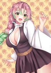 Rule 34 | 1girl, absurdres, belt, black skirt, blush, braid, breasts, cleavage, coat, cowboy shot, floral background, gradient hair, green eyes, green hair, hair between eyes, haori, highres, japanese clothes, kanroji mitsuri, kimetsu no yaiba, large breasts, long hair, looking at viewer, miniskirt, mole, mole under eye, multicolored hair, nail polish, nurumaru yu, open mouth, partially unbuttoned, patterned background, pink hair, pink nails, pleated skirt, skirt, smile, solo, thighs, two-tone hair, uniform, wide sleeves