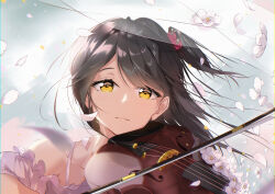 Rule 34 | 1girl, absurdres, black hair, bow (music), c-up, chinese commentary, closed mouth, falling petals, flower, hair bobbles, hair ornament, highres, holding, holding bow (music), holding instrument, holding violin, instrument, light blush, long hair, looking at viewer, one side up, original, petals, pink shirt, portrait, shirt, solo, violin, white flower, yellow eyes