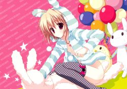 Rule 34 | 1girl, absurdres, animal ears, animal hood, balloon, black thighhighs, brown hair, highres, hood, hoodie, naked hoodie, pink eyes, polka dot, polka dot legwear, pom pom (clothes), rabbit ears, rabbit hood, ryouka (suzuya), scan, striped clothes, striped hoodie, stuffed animal, stuffed rabbit, stuffed toy, thighhighs