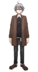 1boy, absurdres, akky (akimi1127), black pants, black shirt, blue eyes, blue hair, brown footwear, brown jacket, chains, closed mouth, collared shirt, commentary request, earrings, flower earrings, full body, grey hair, hata kouya, highres, indie virtual youtuber, jacket, jewelry, loafers, long sleeves, looking at viewer, male focus, multicolored hair, official art, open clothes, open jacket, pants, shirt, shoes, simple background, sleeves past wrists, smile, socks, solo, standing, streaked hair, tachi-e, virtual youtuber, white background, white legwear, white shirt