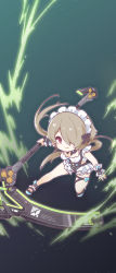 Rule 34 | 1girl, absurdres, brown hair, chibi, closed mouth, full body, green background, hair over one eye, highres, holding, holding scythe, holding weapon, honkai (series), honkai impact 3rd, long hair, looking at viewer, maid, maid headdress, mole, mole under eye, mon momu, one-piece swimsuit, purple eyes, rita rossweisse, rita rossweisse (phantom iron), scythe, smile, swimsuit, twintails, weapon
