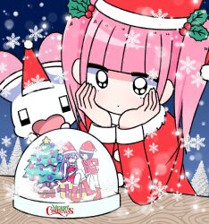 Rule 34 | 1girl, animal, black eyes, blunt bangs, christmas, christmas tree, closed mouth, expressionless, ezaki bisuko, fur trim, gift, hands on own cheeks, hands on own face, hat, highres, looking at object, menhera-chan (ezaki bisuko), menhera-chan (ezaki bisuko) (character), mistletoe hair ornament, night, night sky, outdoors, pink hair, rabbit, sabukaru-chan (ezaki bisuko), santa costume, santa hat, short twintails, sky, snow, snow globe, snowflakes, solo, table, tree, twintails, usatan (ezaki bisuko), yumekawa-chan (ezaki bisuko)