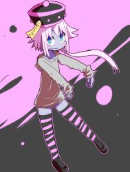Rule 34 | 1girl, black footwear, blue eyes, blush, collarbone, colored skin, full body, grey hoodie, hat, highres, hood, hood down, hoodie, ikao, jiangshi, long hair, no nose, ofuda, original, outstretched arms, ponytail, purple skin, qingdai guanmao, sleeves past wrists, solo, striped clothes, striped thighhighs, thighhighs, two-tone background, wavy mouth, white hair, zombie pose