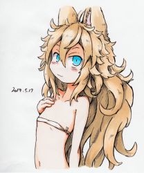 Rule 34 | 1girl, ahoge, animal ear fluff, animal ears, blue eyes, blush stickers, bra, collarbone, dated, flat chest, fox ears, fox girl, hair between eyes, hand on own chest, hand up, kazekiri, light brown hair, long hair, looking at viewer, navel, original, simple background, smile, solo, traditional media, underwear, upper body, very long hair, white background, white bra