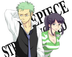 Rule 34 | 1boy, 1girl, arm up, black hair, blue neckwear, breasts, cleavage, collarbone, collared shirt, dress, earrings, formal, glasses, green hair, jewelry, long hair, long sleeves, looking at viewer, looking away, necklace, necktie, nico robin, one piece, one piece: strong world, ponytail, purple hair, roronoa zoro, sacchin (yama), shirt, short hair, striped clothes, striped sweater, suit, sweater, sweater dress, upper body, vest, white shirt